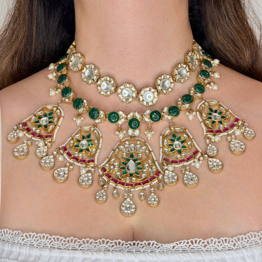 Multi-Stone Double Kundan Necklace Set with Maangtikka