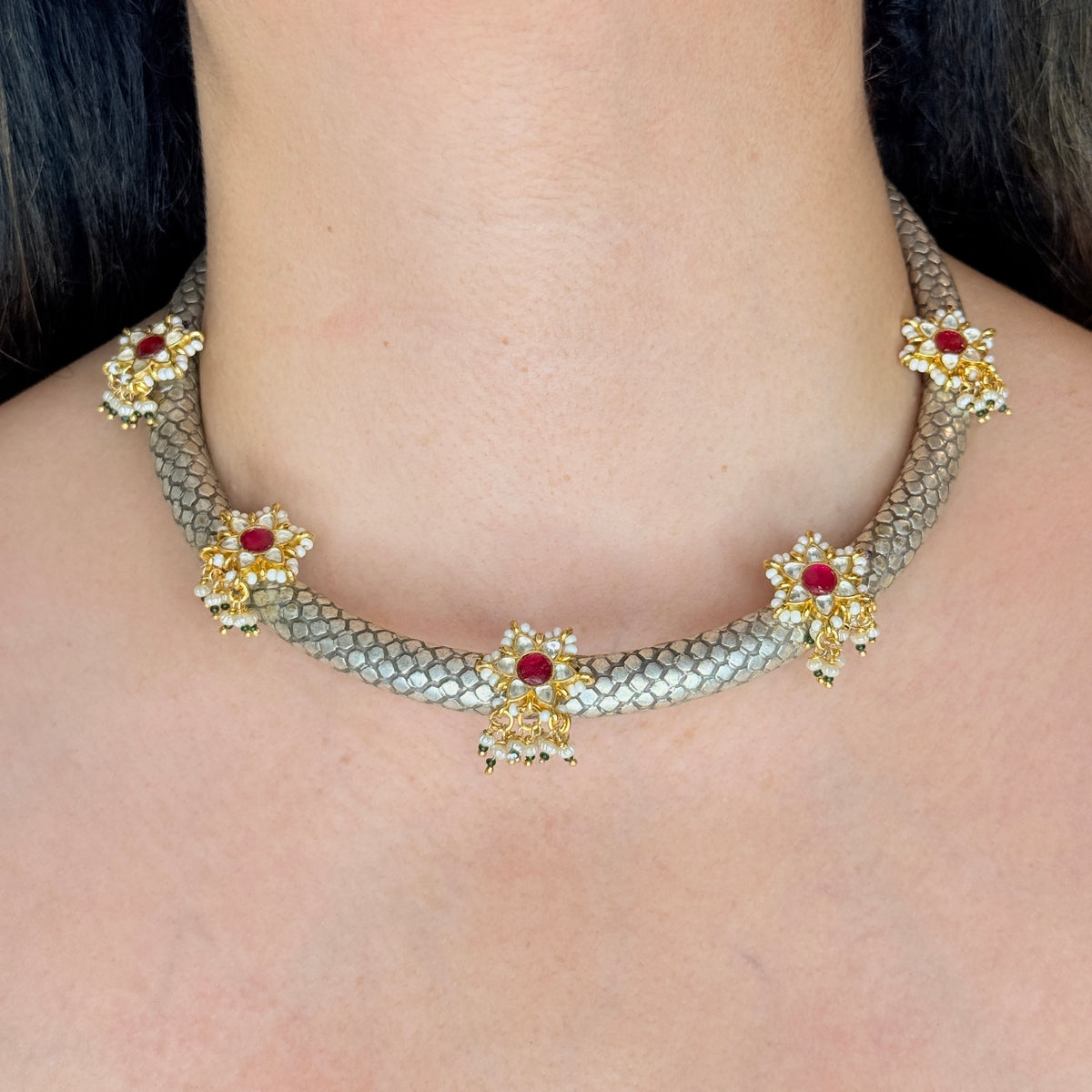 Oxidised Hasli Necklace with Kundan and Red Stones