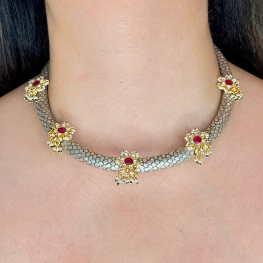 Oxidised Hasli Necklace with Kundan and Red Stones