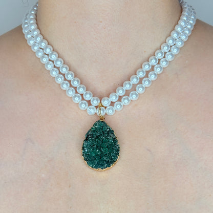 Long Pearl Necklace With Green Druzy Stone