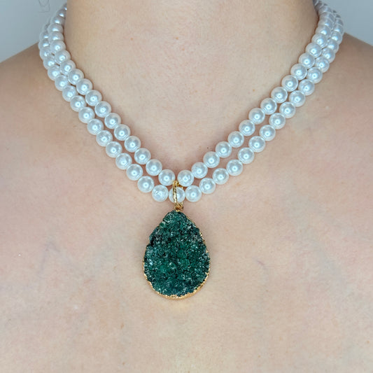 Long Pearl Necklace With Green Druzy Stone