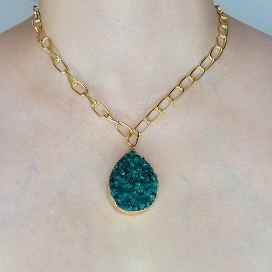 Link Chain Necklace with Green Druzy Stone