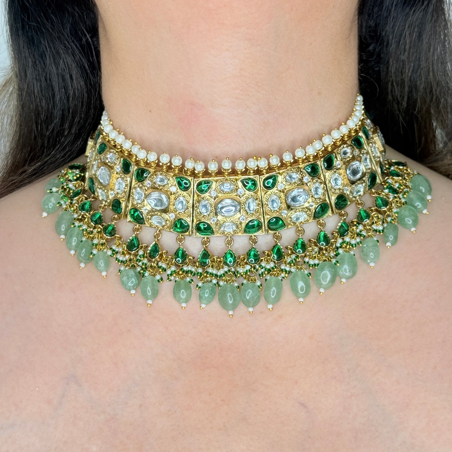 Emerald Green Kundan Polki Bridal Choker Set with Pearl & Jade Drops