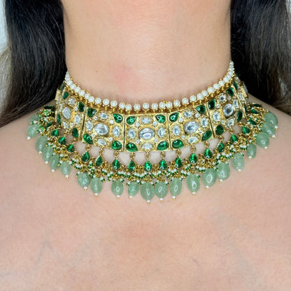 Emerald Green Kundan Polki Bridal Choker Set with Pearl & Jade Drops