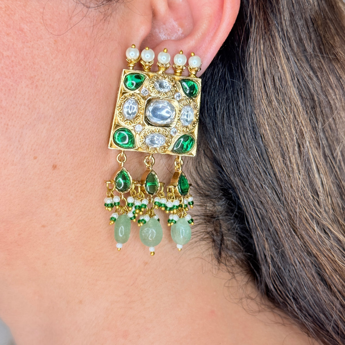 Emerald Green Kundan Polki Bridal Choker Set with Pearl & Jade Drops