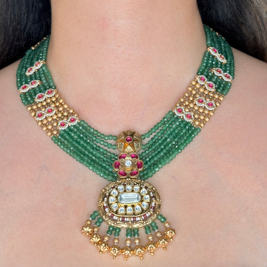 Matte Gold Finish Temple Style Long Beaded Necklace Set