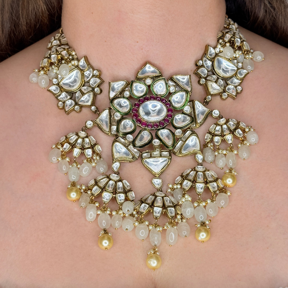Pastel Bead Studded Antique Finish Kundan Necklace