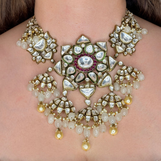 Pastel Bead Studded Antique Finish Kundan Necklace