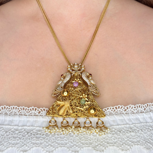 Antique Temple Pendant Long Necklace Set