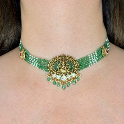 Temple Lakshmi Green Beaded Choker Set