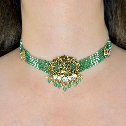 Temple Lakshmi Green Beaded Choker Set