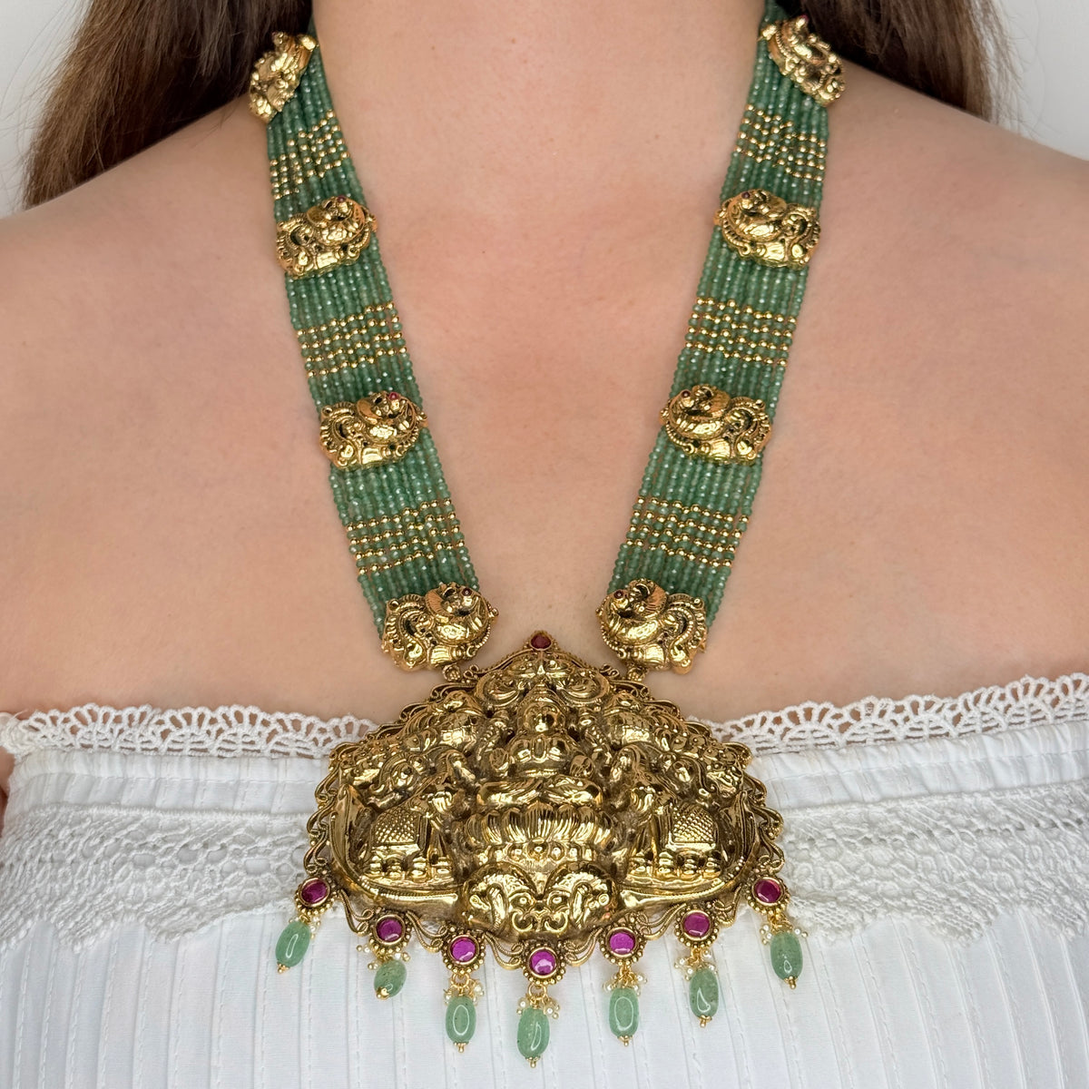 Temple Lakshmi Green Beaded Long Necklace Set
