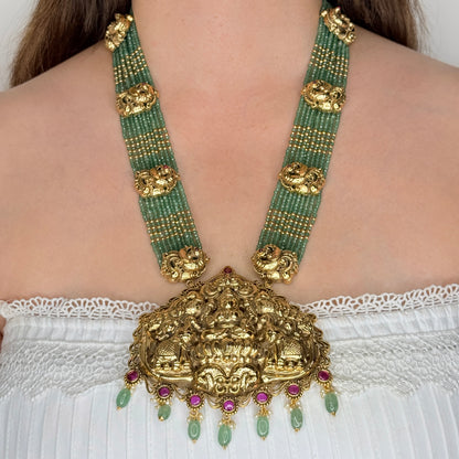 Temple Lakshmi Green Beaded Long Necklace Set