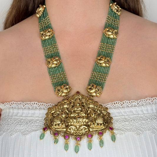 Temple Lakshmi Green Beaded Long Necklace Set