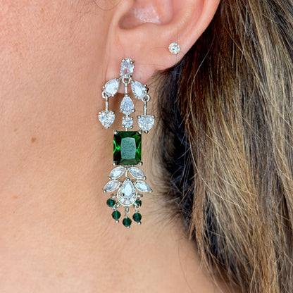 Zircon V Neck Choker with Earrings and Green Stones