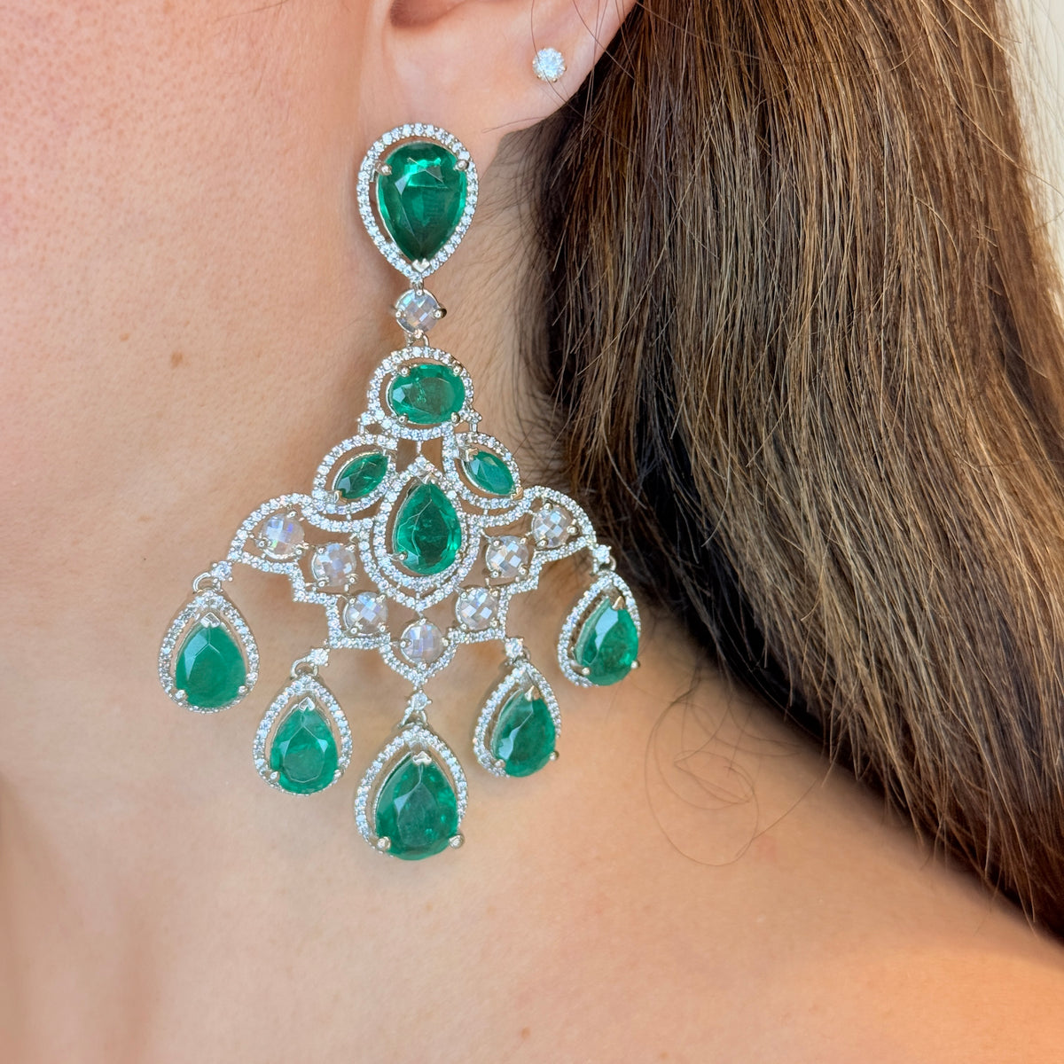 White Finish Green Doublet Earrings with Zircon