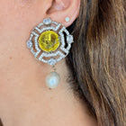 Zircon and Pearl Earrings with Bright Center Stone