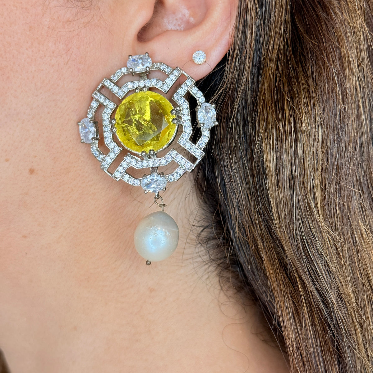 Zircon and Pearl Earrings with Bright Center Stone