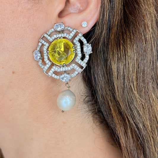 Zircon and Pearl Earrings with Bright Center Stone