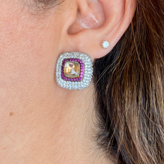 Gold Finish White and Red Zircon Studs