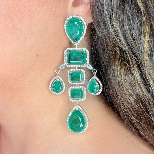 Emerald Doublet Earrings in White Rhodium Finish