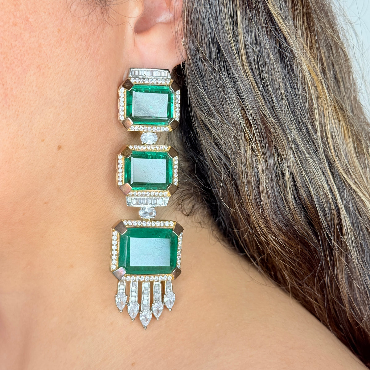 Green Doublet and Zircon Earrings in Gold Finish