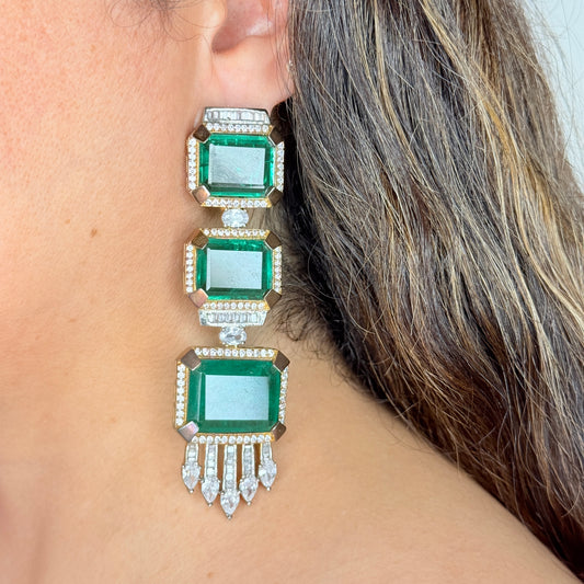 Green Doublet and Zircon Earrings in Gold Finish