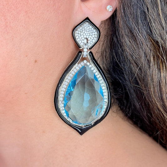Aqua Doublet Crystal and Zircon Earrings with Enamel Borders