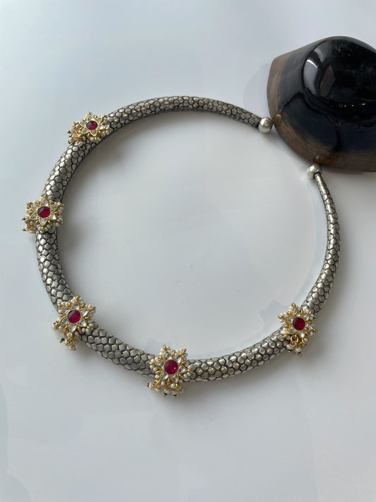 Oxidised Hasli Necklace with Kundan and Red Stones