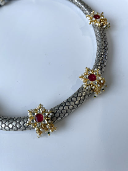 Oxidised Hasli Necklace with Kundan and Red Stones