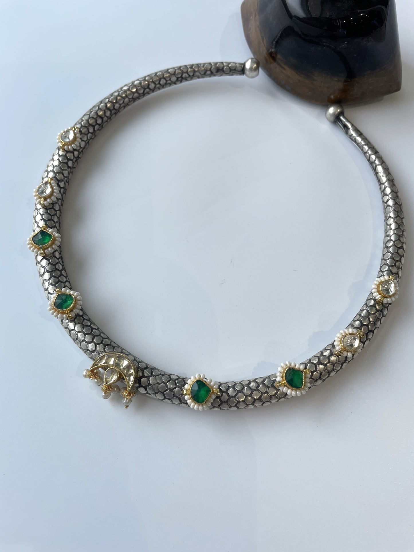 Oxidised Hasli Necklace with Kundan Studded Over