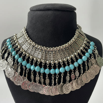 Oxidised Necklace with Coin Motifs and Turquoise Accents