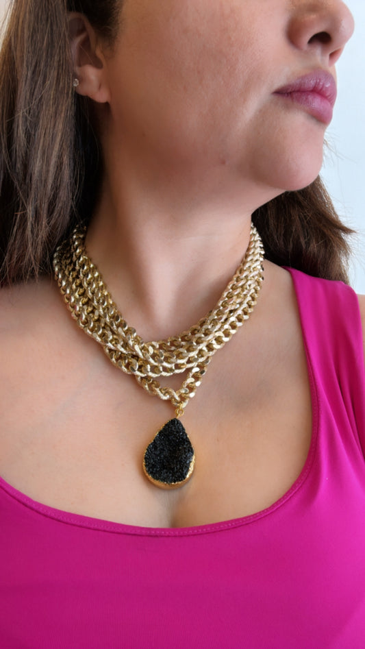 Link Chain Necklace with Black Druzy Stone