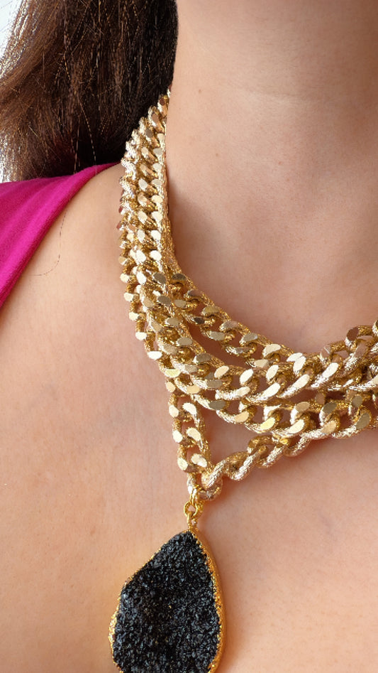 Link Chain Necklace with Black Druzy Stone