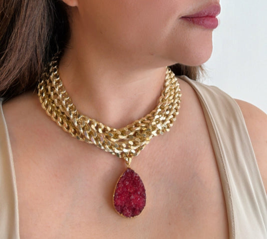 Link Chain Necklace with Red Druzy Stone