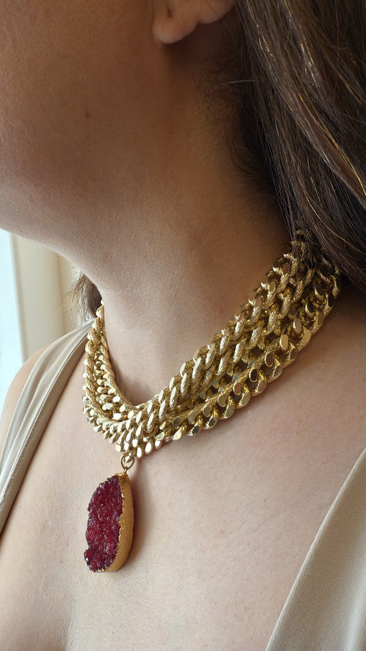 Link Chain Necklace with Red Druzy Stone