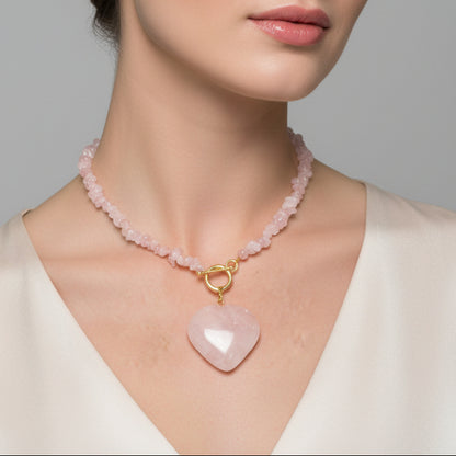Organic Pink Quartz String Heart Necklace