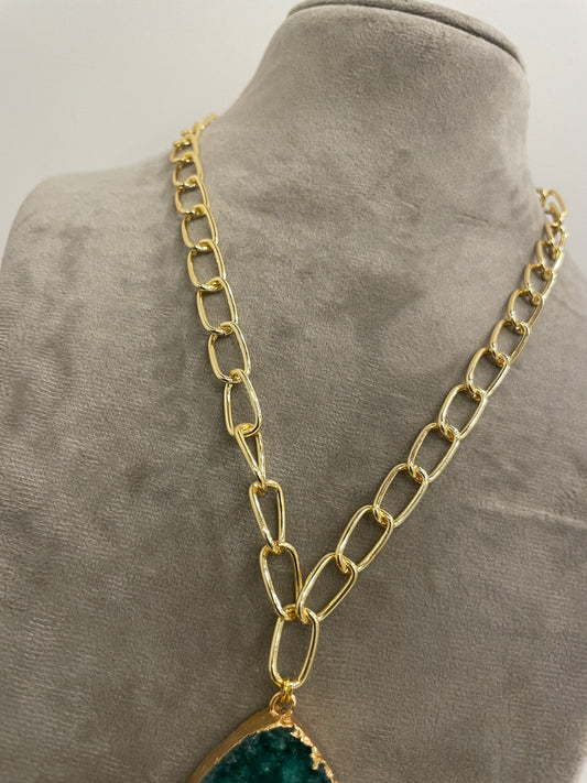 Link Chain Necklace with Green Druzy Stone