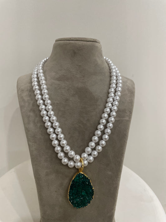 Long Pearl Necklace With Green Druzy Stone