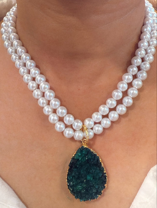 Long Pearl Necklace With Green Druzy Stone