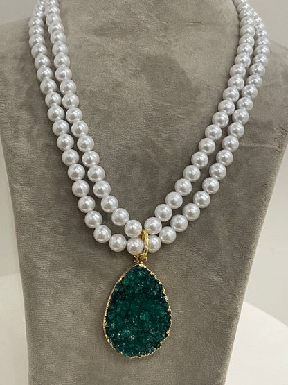 Long Pearl Necklace With Green Druzy Stone