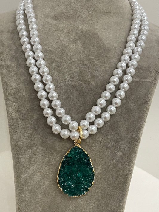 Long Pearl Necklace With Green Druzy Stone
