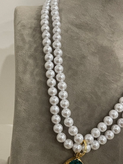 Long Pearl Necklace With Green Druzy Stone