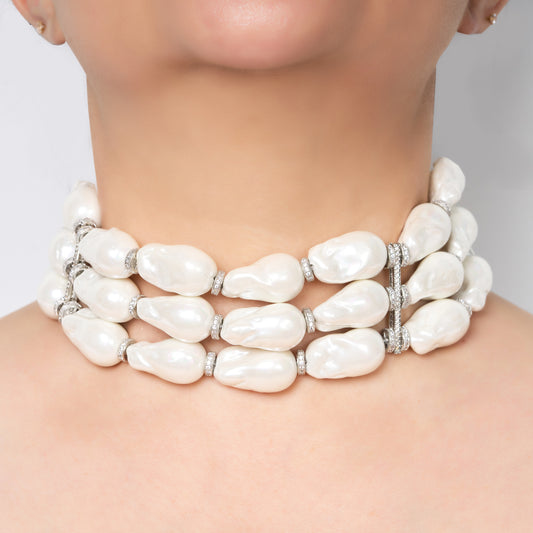 Layered Baroque Pearl Necklace with Zircon Accents