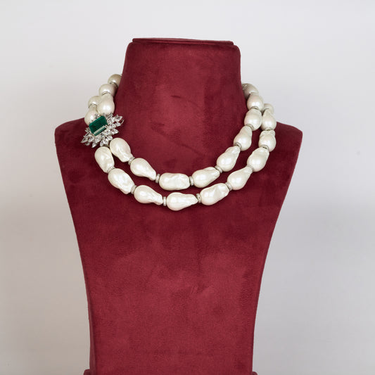 Layered Baroque Pearl Necklace with Green Zircon Accents