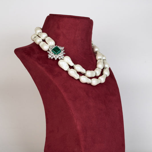 Layered Baroque Pearl Necklace with Green Zircon Accents