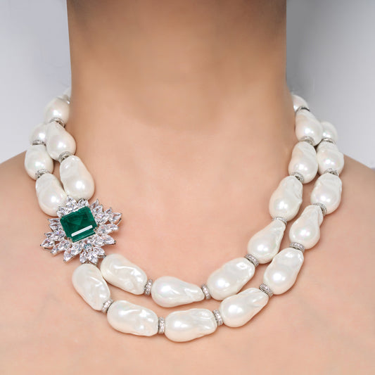 Layered Baroque Pearl Necklace with Green Zircon Accents