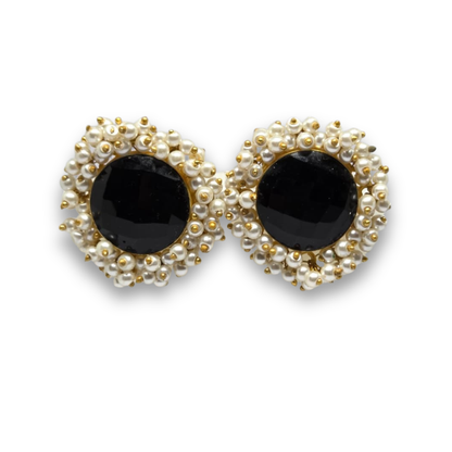Black Crystal Stud Earrings with Pearls