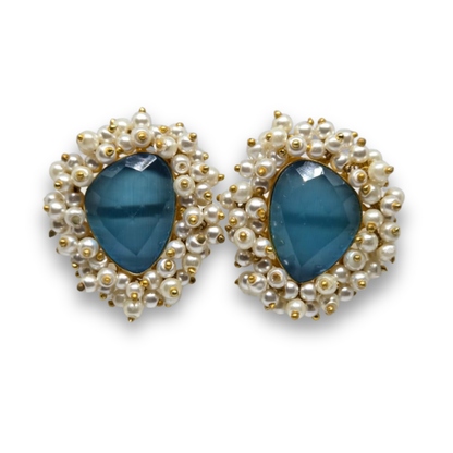 Electric Blue Faceted Stone Stud Earrings with Pearls