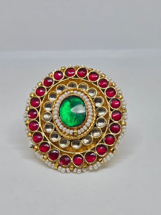 Gold Finish Kundan Ring with Red and Green Stones